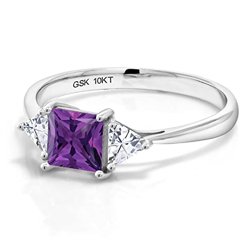 Gem Stone King 10K White Gold Purple Amethyst and White Moissanite 3 Stone Engagement Ring For Women (0.97 Cttw, February Birthstone, Princess 5MM, Trillion 3.5MM)4