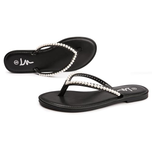 Image of LM Women's Pearls Strappy Flat Sandals Thong Sandals Flip Flop Slip On Slide Sandals for Women Dressy Summer