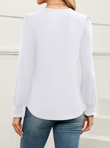 Image of WEACZZY Women's Tops Winter Fashion Puff Long Sleeve Button V Neck Blouses for Women Dressy Casual Loose Tunic Shirts 2025,White,M
