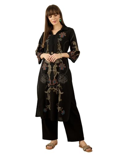 Image of INDO ERA Women's Pure Cotton Floral Embroidered Straight Kurta & Palazzo Set | Cord Set For Women Cotton