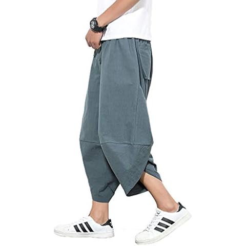 Siehin Mens Casual Elastic Waist Linen Capri Wide Leg Baggy Harem Pants Trousers (M (Label XL), Grey) Cover