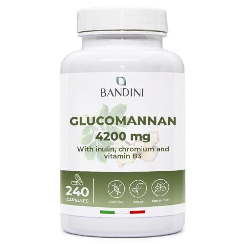 Bandini Glucomannan from the konjac Root 4200 mg per Daily dose 240 Capsules Optimized with Bacterial Cultures Chromium Vitamin B3 and Inulin High-Strength Supplement Vegan