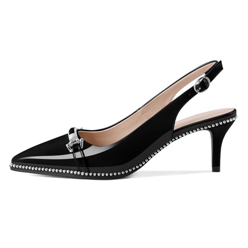 AUMOTED Womens Beaded Pumps Trendy Stiletto Low Heels Pointed Toe Slingback Strap with Adjustabe for Casual Work Daily Patent Leather Black US Size 104