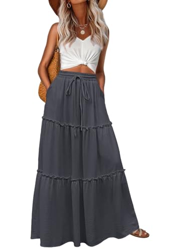 Image of Lepunuo Womens Casual Boho High Waisted Flowy Maxi Skirts Tiered Floral Long Skirts with Pockets for Summer Beach Vacation