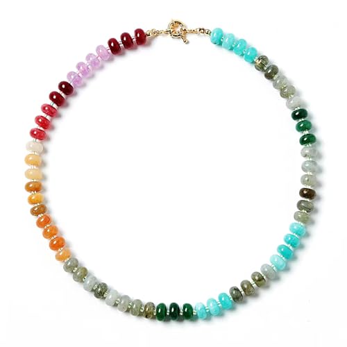 Bead Gemstone Choker Necklace for Women,Colorful Natural Stone Beaded Statement Boho Beach Necklace Jewelry for Women, Rainbow Stone Charm Trendy Necklaces