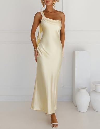 Image of 2026 Satin One Shoulder Maxi Dress for Women Summer Silk Formal Elegant Backless Ruffle Sleeveless Wedding Guest Dresses