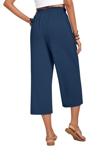 Womens Capri Pants Wide Leg High Waisted Lounge Pants Drawstring Casual Loose Palazzo Pants Trousers with Pockets Navy XXL3