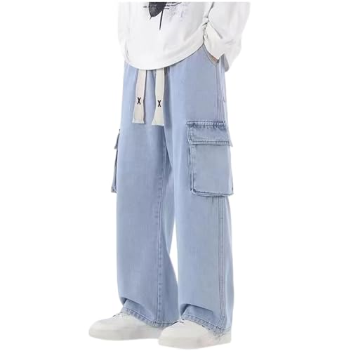 Men's Cargo Trousers Fashionable Denim Drawstring Elastic Waist Pants Wide Leg Straight Long Pant Working Commuting