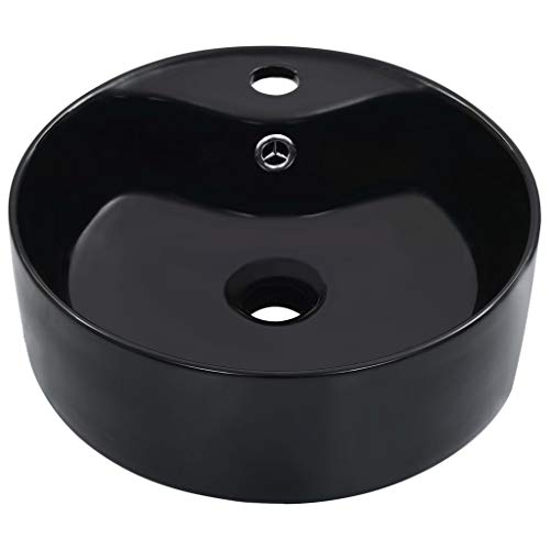Festnight Lavabo Redondo de Baño Lavabo sobre Encimera con Rebosadero 36x13 cm Cerámica Negro