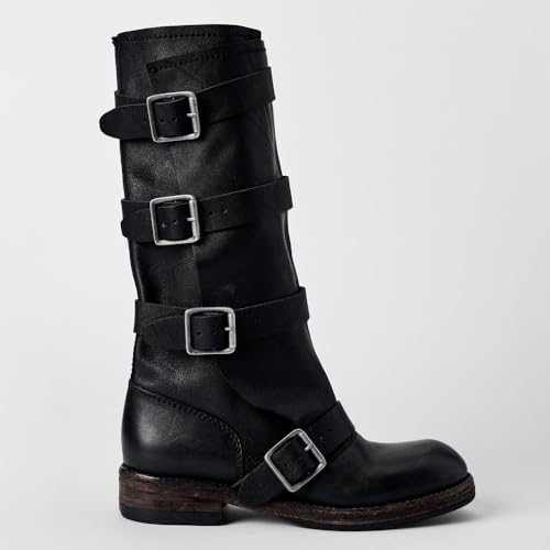 YIYA Women's Motorcycle Buckle Knee High Boots Round Toe Chunky Low Heels Riding Biker Gothic Combat Boots Pull On2