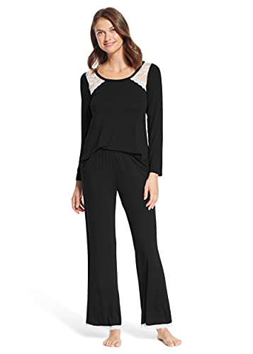 kathy ireland Womens 2 Piece Long Sleeve Scoop Neck Shirt Pajama Sleep Pants Black Small