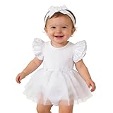 Baby Girl Ruffle Sleeve Romper Dress Infant Jumpsuit Tutu Skirt Set Newborn Princess Tulle Dresses Headband Outfit (White-Sleeveless, 3-6 Months)
