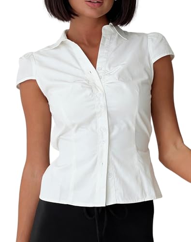 Seyumixi Y2k Button Up Shirt Women Short Sleeve V Neck Cropped Blouse Slim Fitted Collared Top Cute Preppy Coquette Tops(Basic White S)