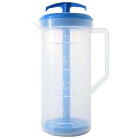 JBK Pottery - Mixing Pitcher for Drinks, Plastic Water Pitcher with Lid and Plunger with Angled Blades, Easy-Mix Juice Container, 2-Quart Capacity (Blue, One) Cover
