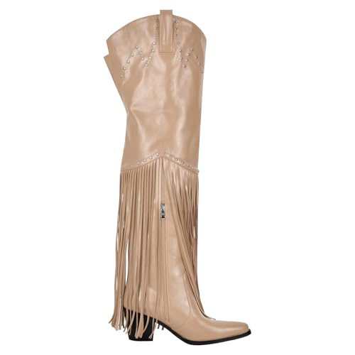 Image of richealnini Western Thigh High Cowboy Boots with Fringe Over Knee Wide Calf Cowgirl Boots