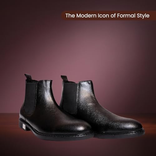 Image of CRACHERS Men's Classic Black Leather Chelsea Boots | Formal & Casual Slip-On Ankle Boots with Elastic Side Panel and Pull Tab | Durable & Stylish Lightweight Boots for Men