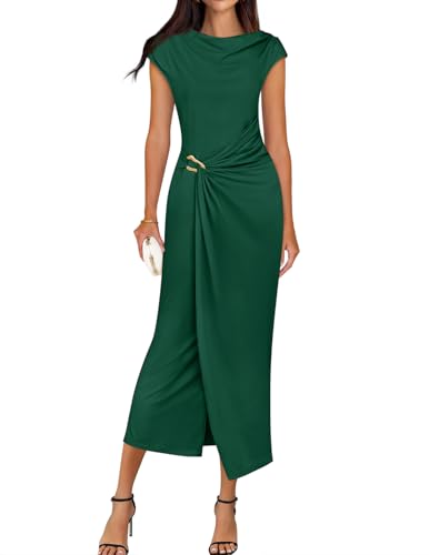 ZESICA Women's 2026 Summer Mock Neck Casual Bodycon Dress Cap Sleeve Elegant Cocktail Party Long Midi Dresses,Deep Green,Large