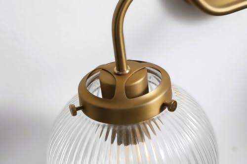 Image of 20 Inch Brushed Gold Vanity Light 2 Light Heavy Ribbed Glass Globe Brass Bathroom Light Fixture (Bulb Included)