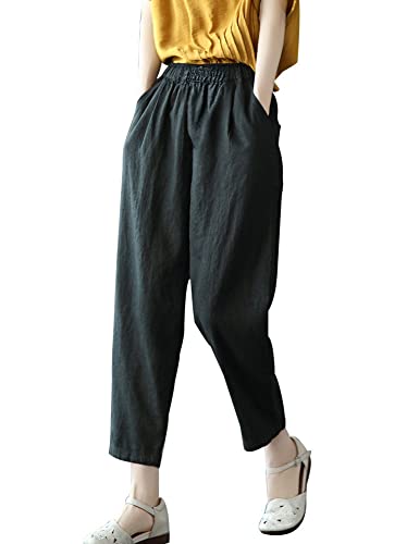 Summer Cotton Linen Soft Cropped Pants with Elastic Waist Pockets for Women Teen Girls