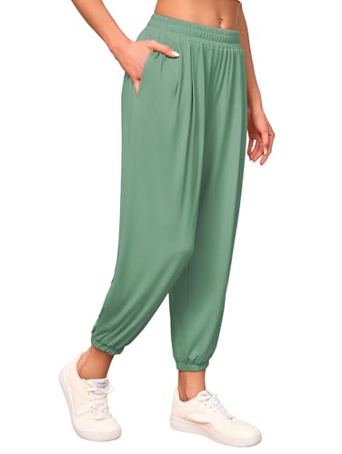 Famulily Elasticated Waist Trousers for Women Summer Side Opening Yoga Harem Pants with Pockets (M, Green)
