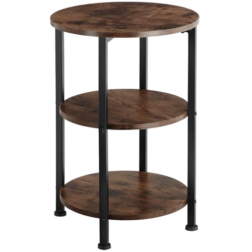 tectake® Mesa Auxiliar Redonda, 3 Estantes MDF y Acero, para Salon y Dormitorio, Mesitas de Noche, Decoracion Hogar, Mesita de Noche - 40 x 40 x 61 cm Madera Industrial Oscura, Rústica