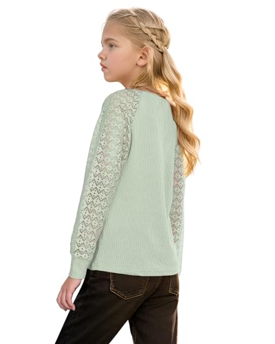 KEREDA Girls Long Sleeve Shirts Lace V-Neck Knitted Pullover Casual Blouses Tops 5-14 Years4