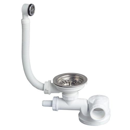 Wirquin 30723112 Vidage pour évier 1 bac D90 gain de place avec trop-plein rond et prise machine à laver, blanc