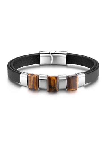 PiercingJak Bracelet Homme Cuir Oeil de Tigre Naturelle Bracelet Gourmette Acier Inoxydable Noir Argent Fermoir Aimant Magnétique Bijoux Homme Cadeau...