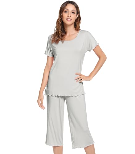 Image of NACHILA Women's Bamboo Viscose Pajama Sets Summer Cooling Short Sleeve Capri Soft Pjs Night Sweats Moisture Wicking Sleepwear
