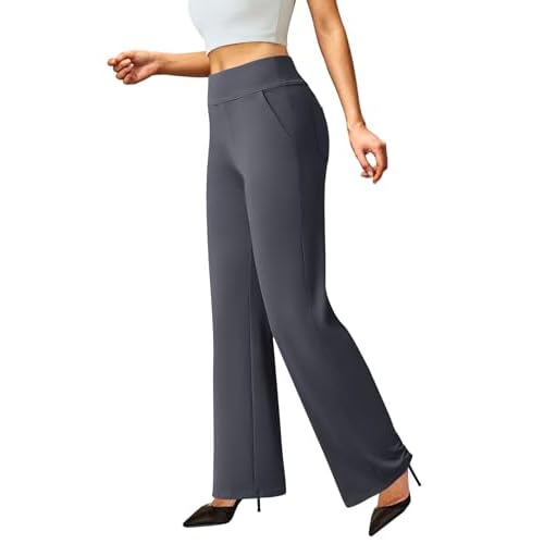 FireSwan Womens Dress Pants Stretchy Wide Leg Work Pants Business Casual Trousers Pull On Office Slacks with 4 Pockets Dark Grey X-Small