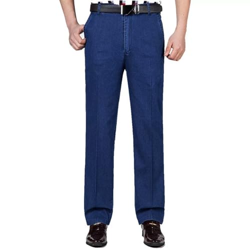Jeans elásticos sueltos de cintura alta para hombre, para viajes de negocios, para todas las estaciones, cómodos pantalones rectos de mezclilla suaves, Azul medio (estilo fino), 48