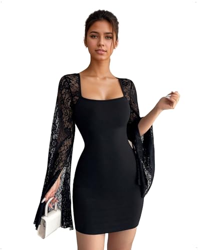 EMOTTOS Damen-Minikleid aus Mesh mit Quadratischem Ausschnitt, Elegantes Wickelkleid mit Glockenärmeln und Schlitz, Spitzenkleid für den Abend, Club...