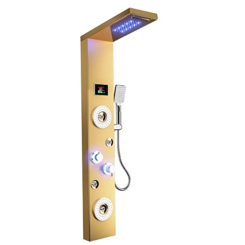 Image of ELLO&ALLO LED Rainfall Waterfall Shower Head Rain Massage System with Body Jets Stainless Steel Bathroom Shower Panel Tower System, Brushed Gold