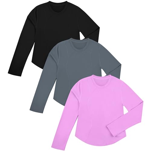BIG ELEPHANT 3 Pack Girls Athletic Shirts Long Sleeve, Trendy Kids Active Yoga Tees, Cute Tops for Teen Girls