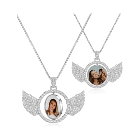 Zysta Customized Double Side Picture Necklace Personalized Photo Crystal Angel Wings Medallion Pendant Customized Photo Rotating Necklace Hip Hop Jewelry for Men Women Cover