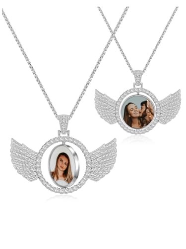 Zysta Customized Double Side Picture Necklace Personalized Photo Crystal Angel Wings Medallion Pendant Customized Photo Rotating Necklace Hip Hop Jewelry for Men Women