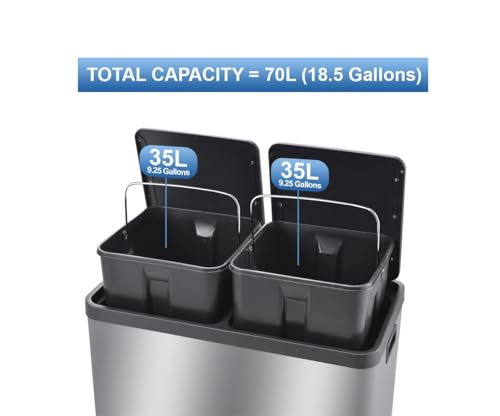 Image of Step N' Sort The 18.5 Gallon Extra Large Capacity, Soft-Step, Dual Trash and Recycling Bin with Removable Inner Bins, Silver