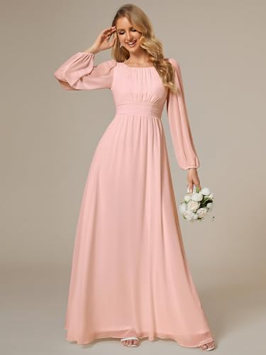 Image of Ever-Pretty Women's Crewneck Long Lantern Sleeves Floor Length A-Line Pleated Chiffon Formal Dress 0106B