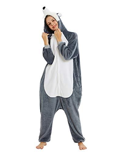 chuangminghangqi Pyjama Animal Costume Combinaison Outfit Adulte Unisexe Onesies Kigurumi Ensembles de Pyjama Vêtements de Nuit Sleepwear (Loup Gris, M)