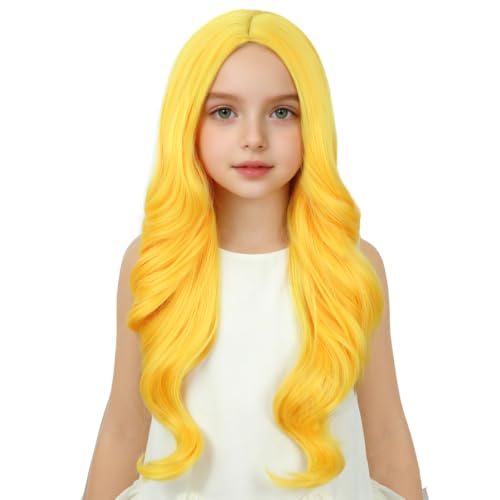 Image of Women Gold Yellow Wig Women Long Yellow Wavy Curly Wig Long Middle Part Wigs for Women Heat Resistant Synthetic Wigs with Cap
