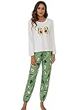DIDK Damen Schlafanzug Set mit Slogan Kurzarm Shirt und Lang Schlafanzughose Sleepwear Pyjama Set Weiß mit Avocado Muster M