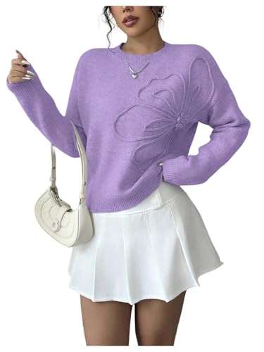Image of RoseSeek Women's 3D Floral Appliques Crewneck Sweaters Long Sleeve Drop Shoulder Pullovers Elegant Knit Tops