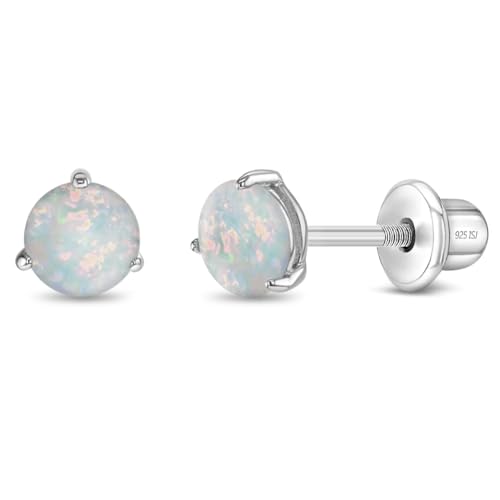 925 Sterling Silver Simulated Opal Round Prong Set Safety Screw Back Earrings For Young Girls - Little Girls Round Shaped Glimmering Earrings - Sparkly Round Earrings For Children