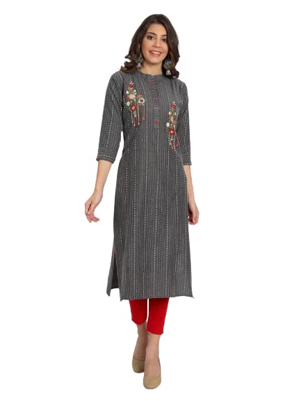 GenericGrey self Stripes Cotton Straight Kurta with Thread Work