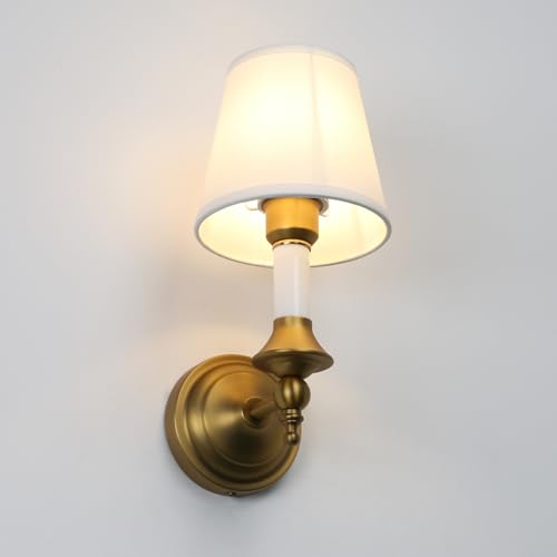 Image of PERMO Wall Sconces Set of 2 Antique Classic Sconce with Funnel White Textile Shade Hardwired Wall Mounted Light for Hallway Bedroom Living Room