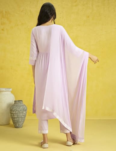 Image of Kaari Women's Chikankari Kurta Set with Dupatta -Fit & Flare Fit | Chiffon Dupatta with Embroidered Band | Straight Pant with Side Pocket | Kurta Set For Women