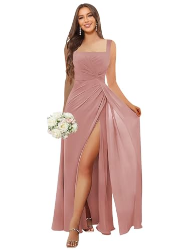 Image of HANVAIOS Square Neck Bridesmaid Dresses Long Chiffon Formal Maxi Dress with Slit