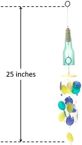 Handcrafted Sustainable Patio Garden Wind Chime 25” Upcycled Sea Aqua Marine Teal Bottle, Handmade Ecofriendly Philippine Ocean Beach Capiz Shell, Natural Filipino Jute Rope, Sun-Catcher Bead Accent