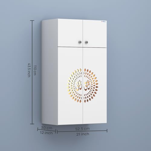 Image of Anikaa OMYA Engineered Wood Home Temple Wall Mount & Floor Standing Wooden Modern Pooja Mandir with LED Light, Om Laser Cut Design | Storage Cabinet with Hinge Doors (White, DIY Installation)