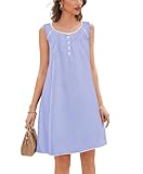 Ekouaer Women's Nightgown Sleepwear Cotton Sleeveless Sleep Dress V Neck Nightwear Clear Blue Large